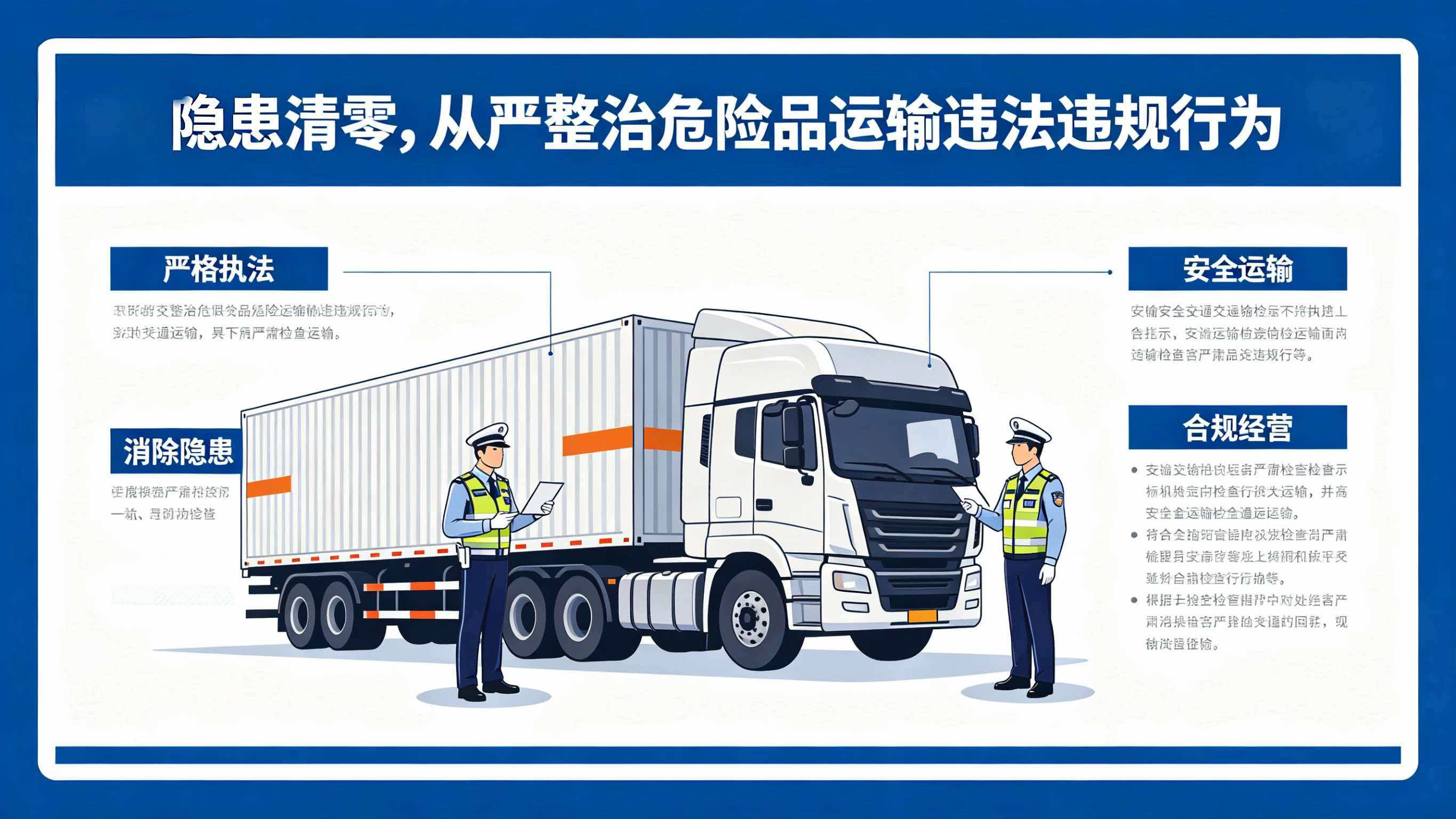 隐患清零，从严整治危险品运输违法违规行为。