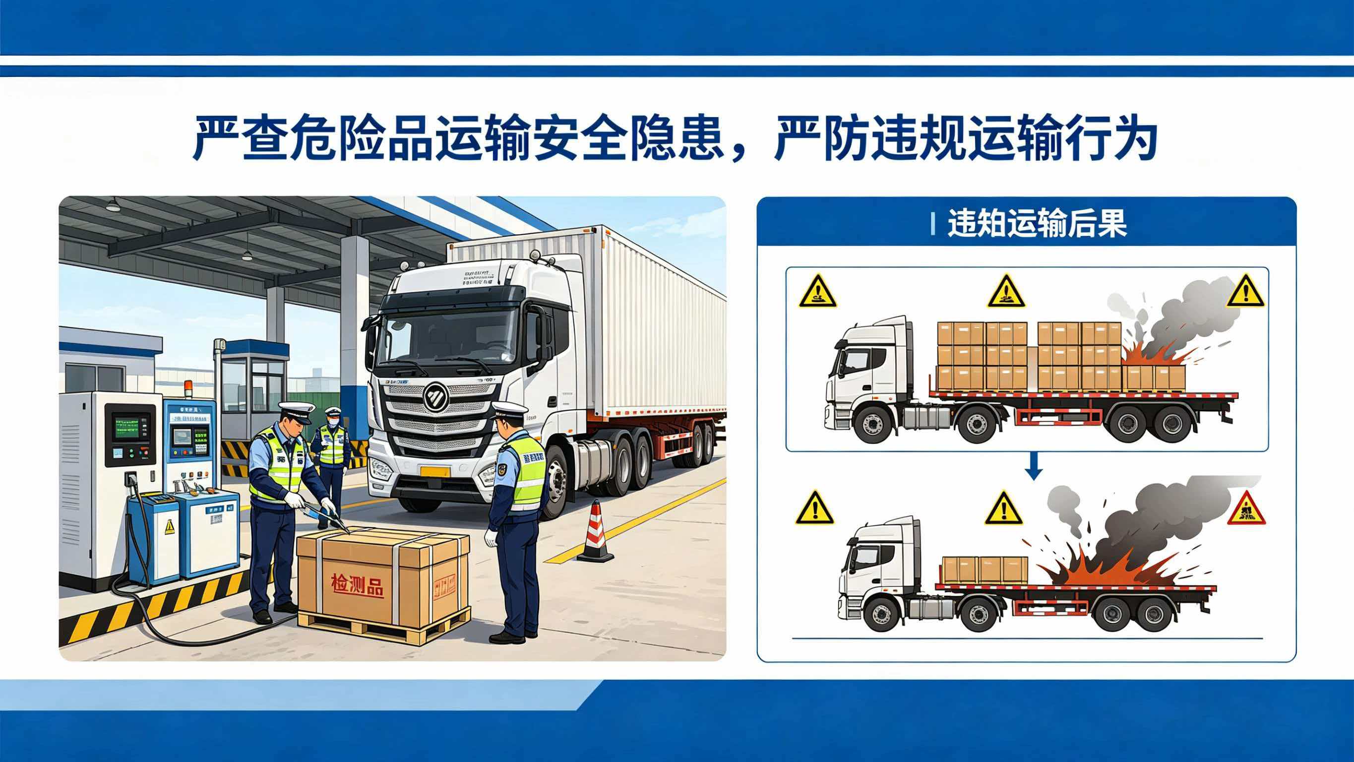 严查危险品运输安全隐患，严防违规运输行为。